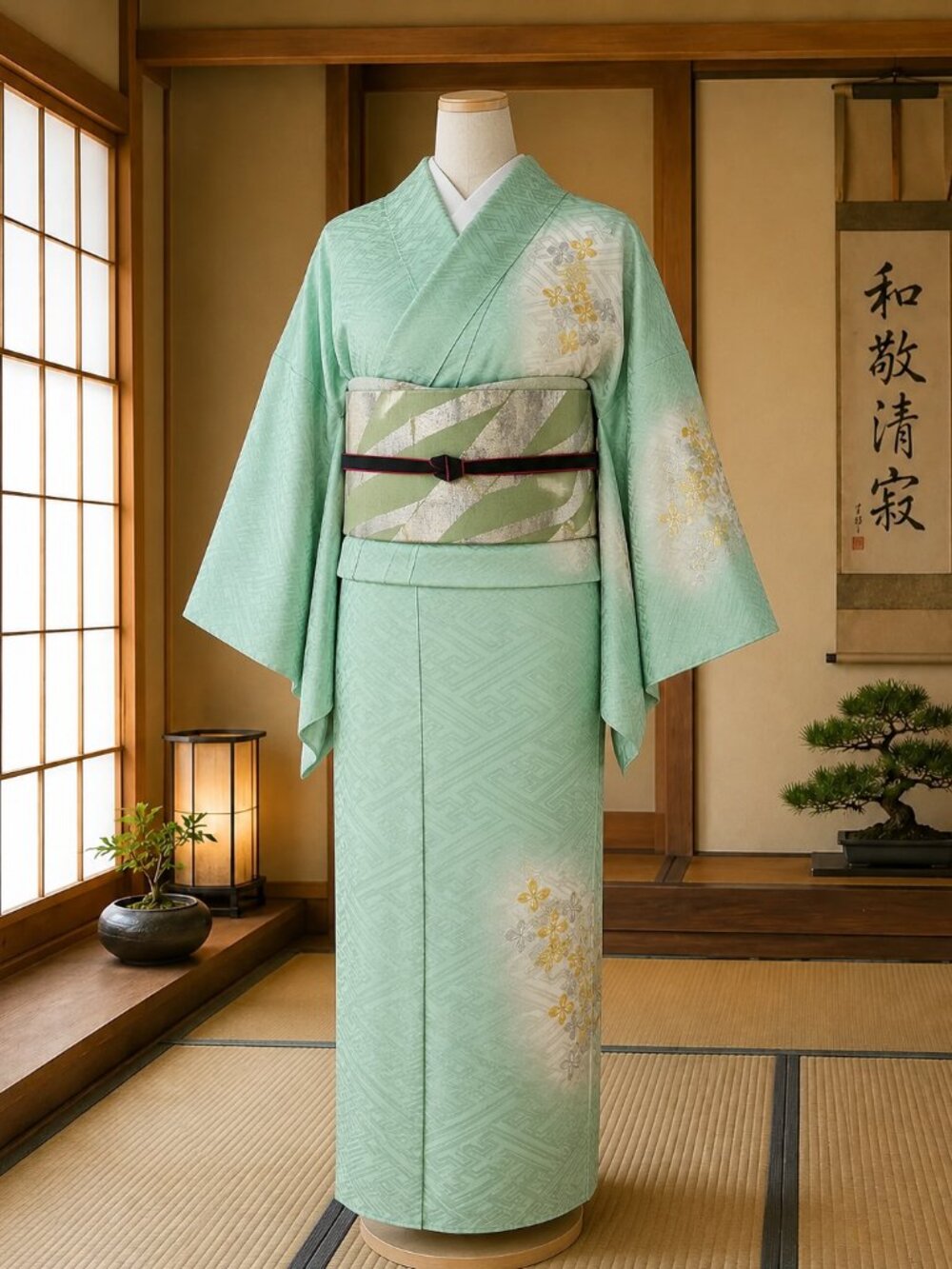 Vintage Japanese Kimono Obi Green Silver Diagonal Stripe Family Collection